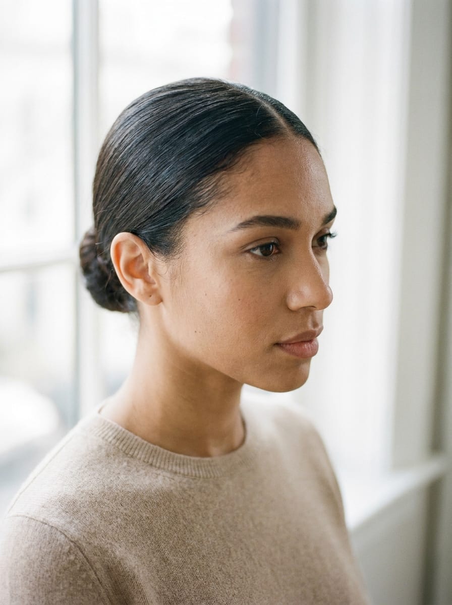 Sleek Low Bun mit Mittelscheitel - Dutt Frisur für lange Haare